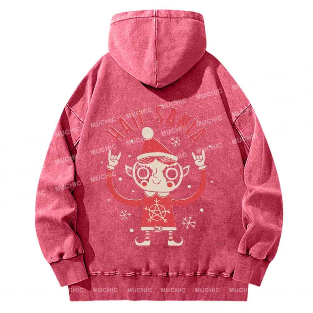 Muchic Back Printed Unisex Hail Santa Casual Washed Plush Thickening Hoodie Sweatshirt Hotpink / S