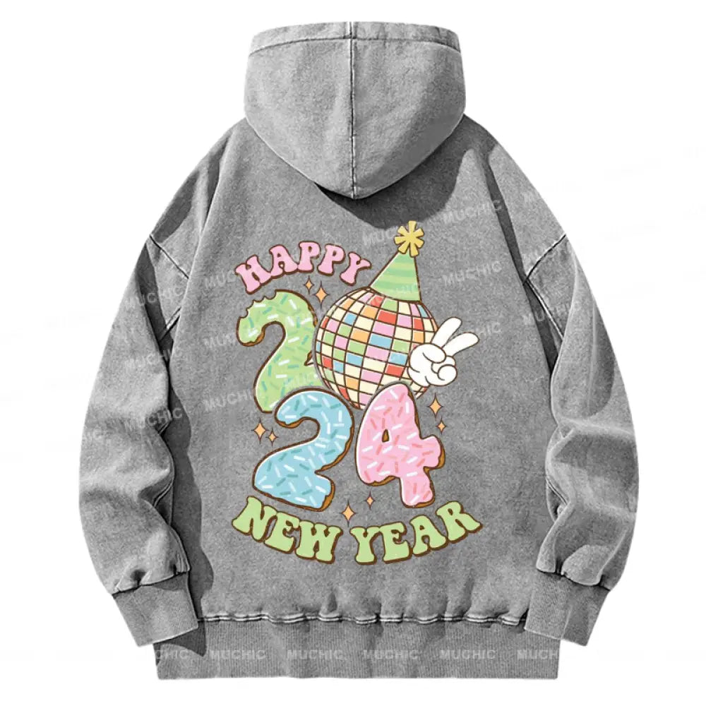 Muchic Back Printed Unisex Happy New Year Casual Washed Plush Thickening Hoodie Sweatshirt Grey / S