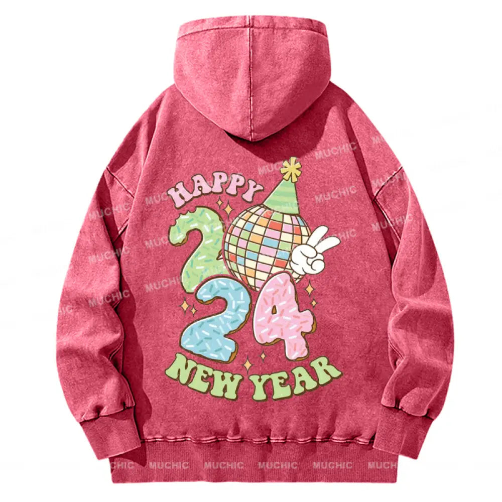 Muchic Back Printed Unisex Happy New Year Casual Washed Plush Thickening Hoodie Sweatshirt Hotpink