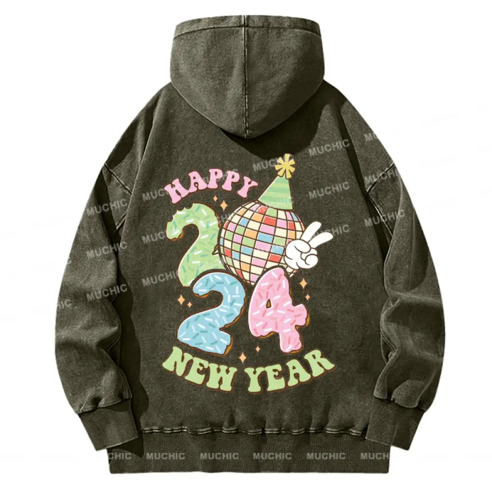 Muchic Back Printed Unisex Happy New Year Casual Washed Plush Thickening Hoodie Sweatshirt Olive / S