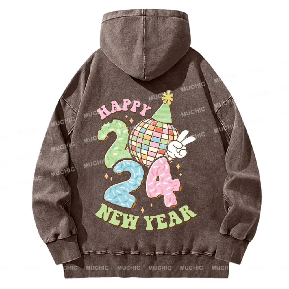 Muchic Back Printed Unisex Happy New Year Casual Washed Plush Thickening Hoodie Sweatshirt Peru / S