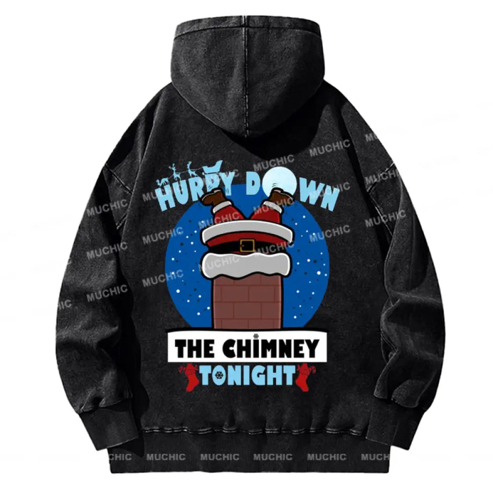 Muchic Back Printed Unisex Hurry Down The Chimney Tonight Casual Washed Plush Thickening Hoodie