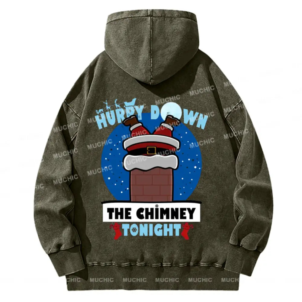 Muchic Back Printed Unisex Hurry Down The Chimney Tonight Casual Washed Plush Thickening Hoodie