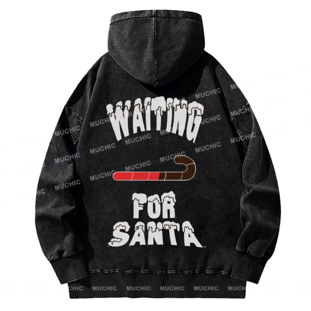 Muchic Back Printed Unisex Waiting For Santa Casual Washed Plush Thickening Hoodie Sweatshirt Black