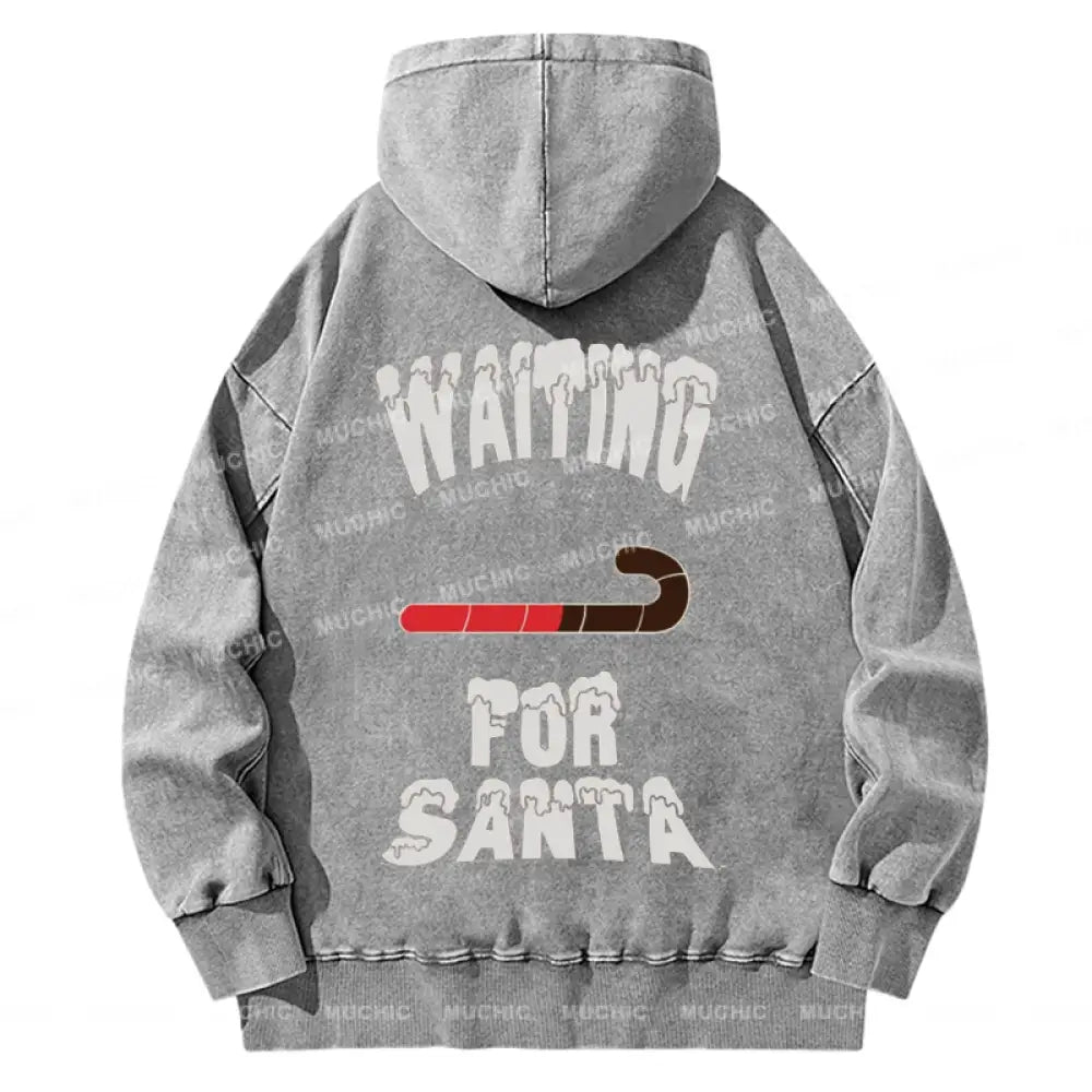 Muchic Back Printed Unisex Waiting For Santa Casual Washed Plush Thickening Hoodie Sweatshirt Grey