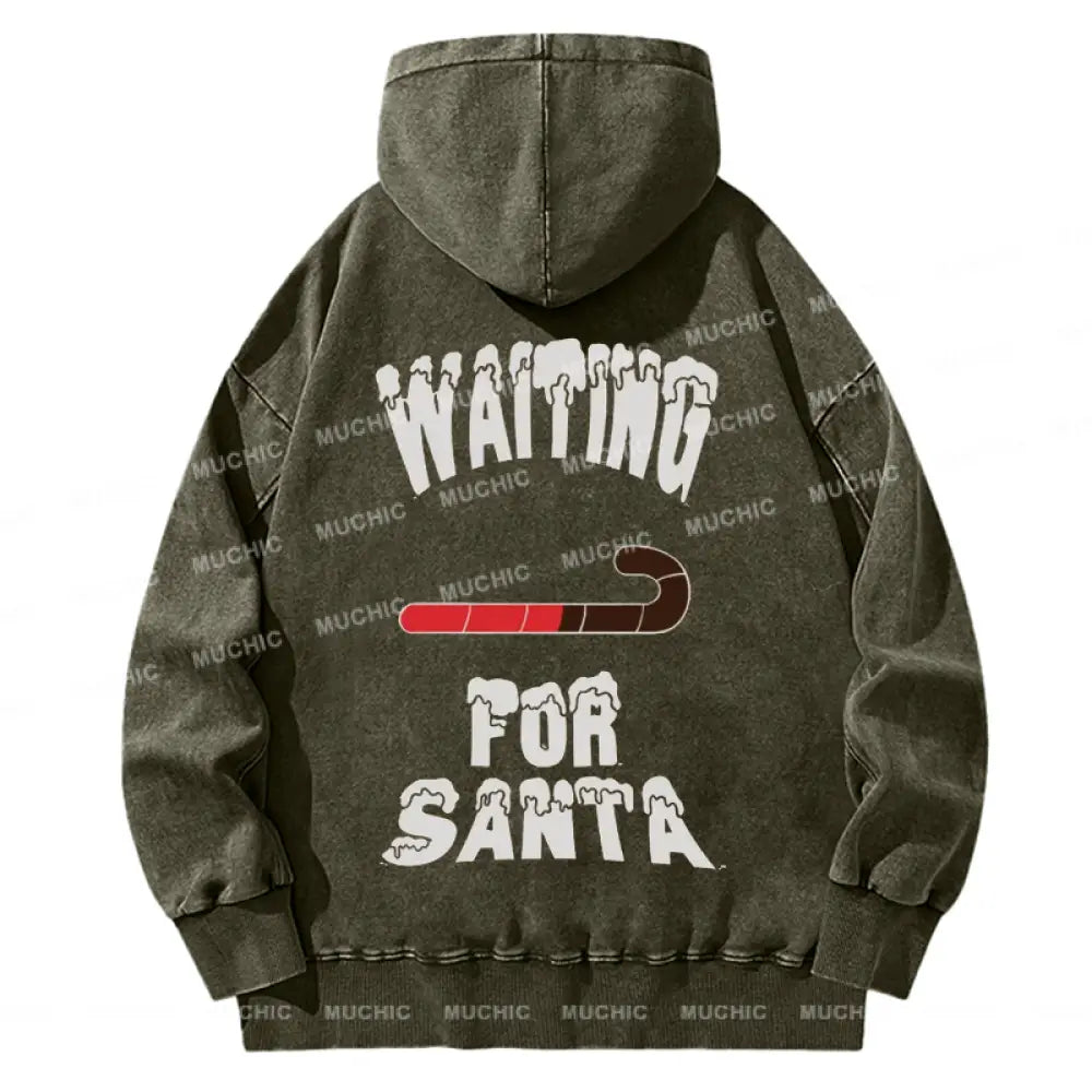 Muchic Back Printed Unisex Waiting For Santa Casual Washed Plush Thickening Hoodie Sweatshirt Olive