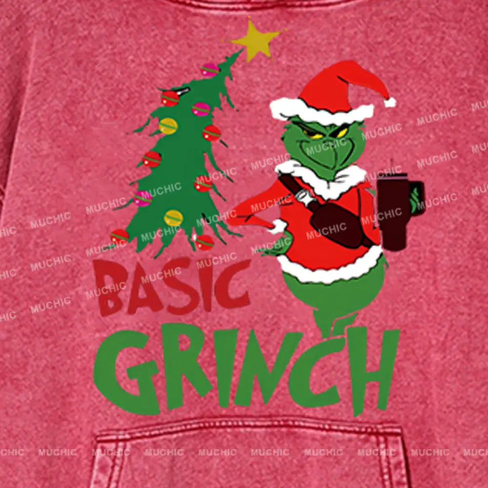 Muchic Basic Grinch Back Printed Unisex Casual Washed Plush Thickening Hoodie Sweatshirt