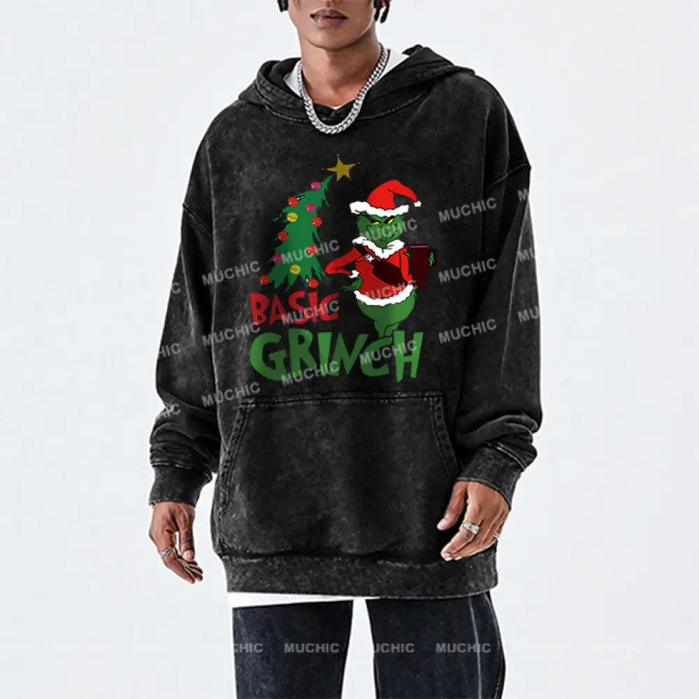 Muchic Basic Grinch Back Printed Unisex Casual Washed Plush Thickening Hoodie Sweatshirt