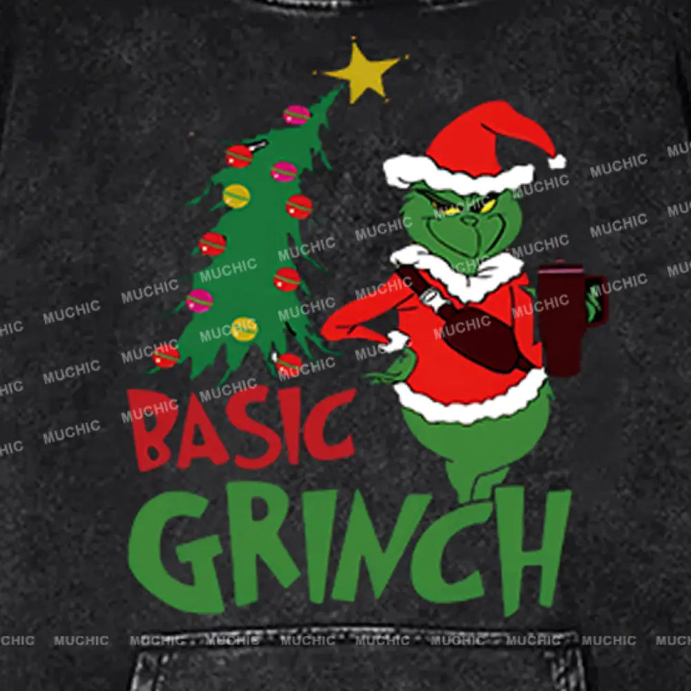 Muchic Basic Grinch Back Printed Unisex Casual Washed Plush Thickening Hoodie Sweatshirt