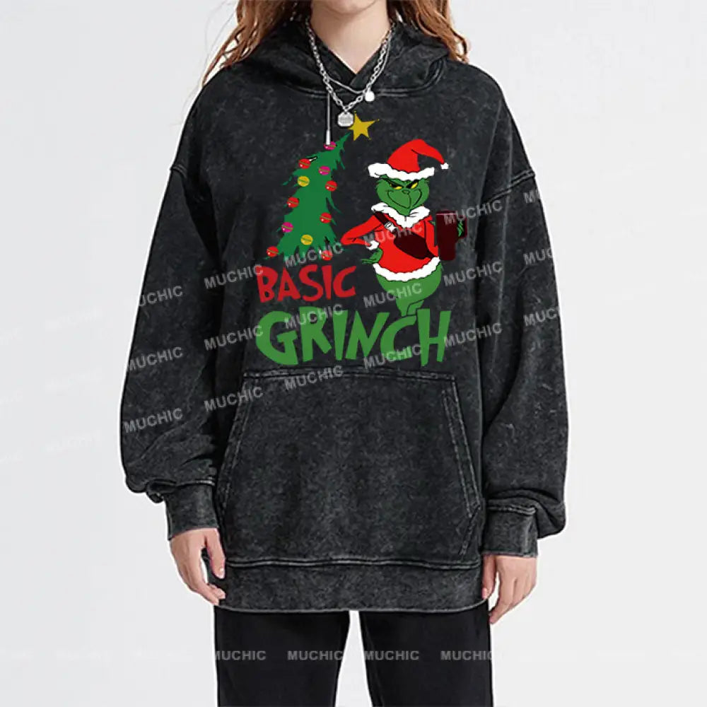 Muchic Basic Grinch Back Printed Unisex Casual Washed Plush Thickening Hoodie Sweatshirt