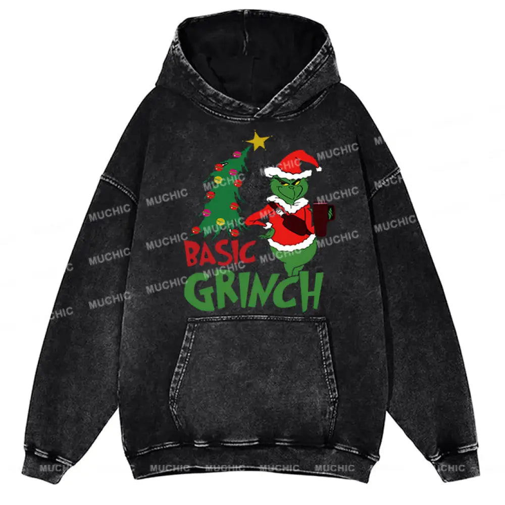 Muchic Basic Grinch Back Printed Unisex Casual Washed Plush Thickening Hoodie Sweatshirt Black