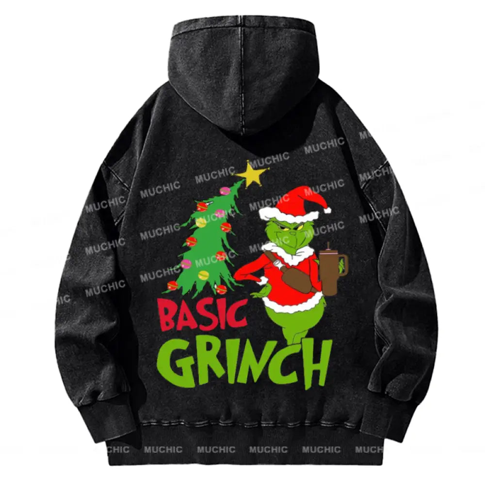 Muchic Basic Grinch Back Printed Unisex Casual Washed Plush Thickening Hoodie Sweatshirt Black / S