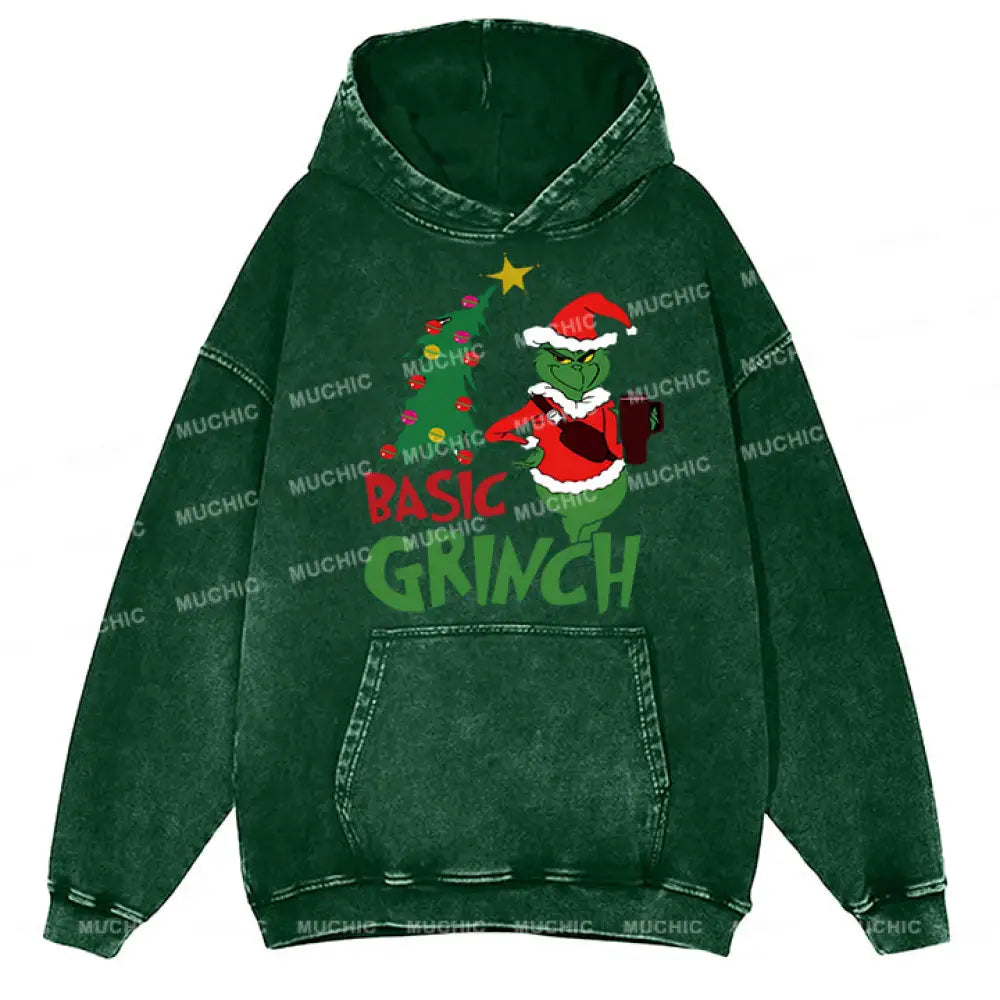 Muchic Basic Grinch Back Printed Unisex Casual Washed Plush Thickening Hoodie Sweatshirt Green