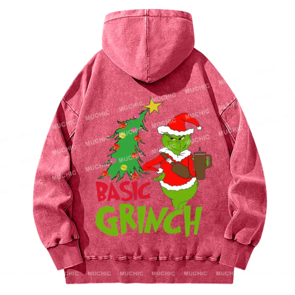 Muchic Basic Grinch Back Printed Unisex Casual Washed Plush Thickening Hoodie Sweatshirt Hotpink / S