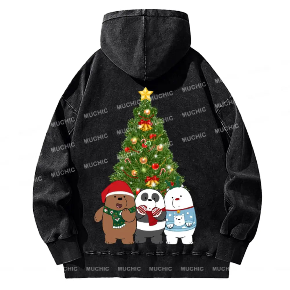 Muchic Bear Christmas Back Printed Unisex Casual Washed Plush Thickening Hoodie Sweatshirt Black / S