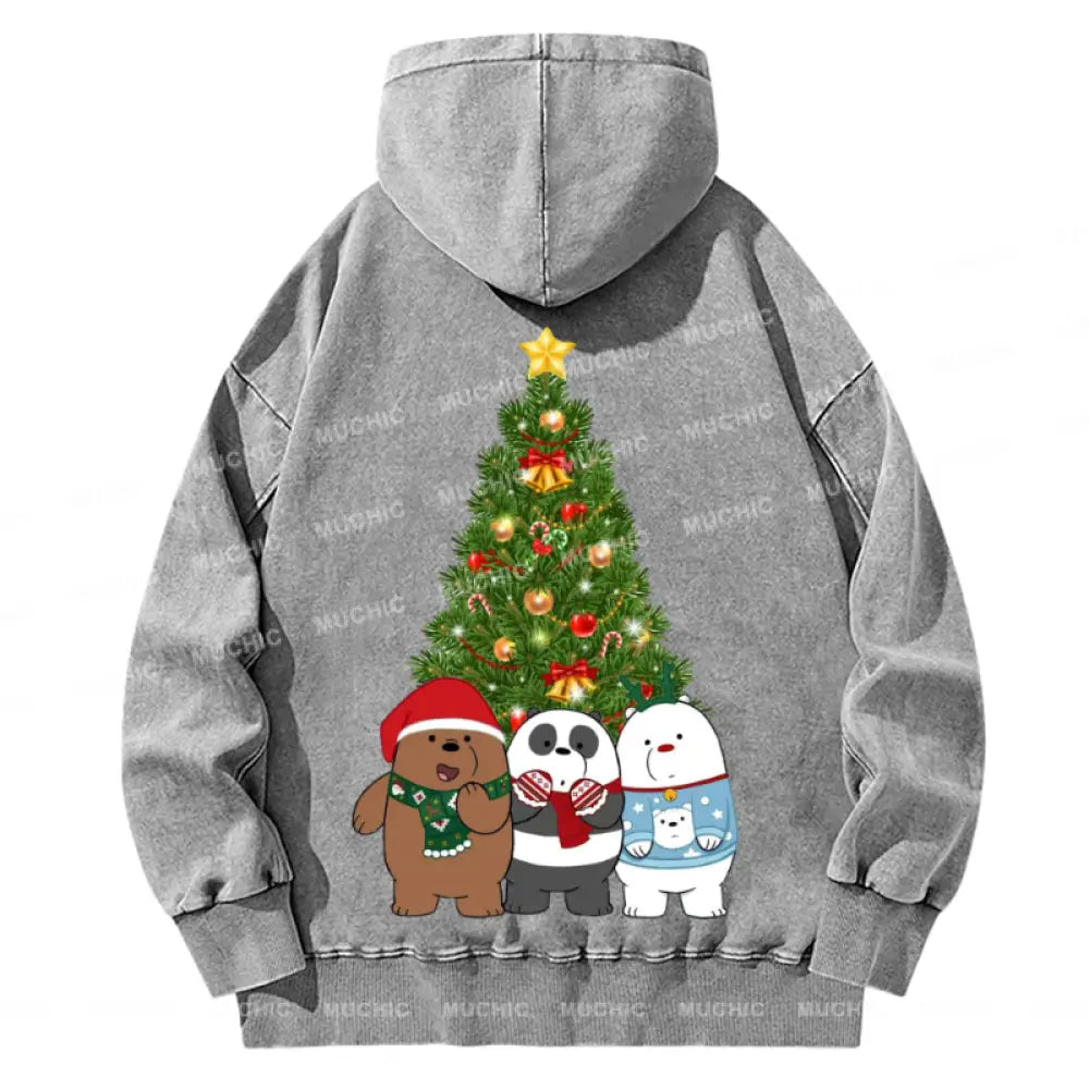 Muchic Bear Christmas Back Printed Unisex Casual Washed Plush Thickening Hoodie Sweatshirt Grey / S