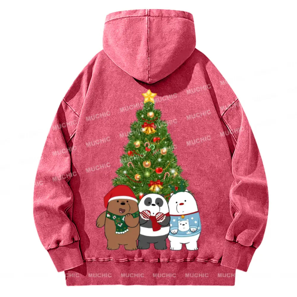 Muchic Bear Christmas Back Printed Unisex Casual Washed Plush Thickening Hoodie Sweatshirt Hotpink