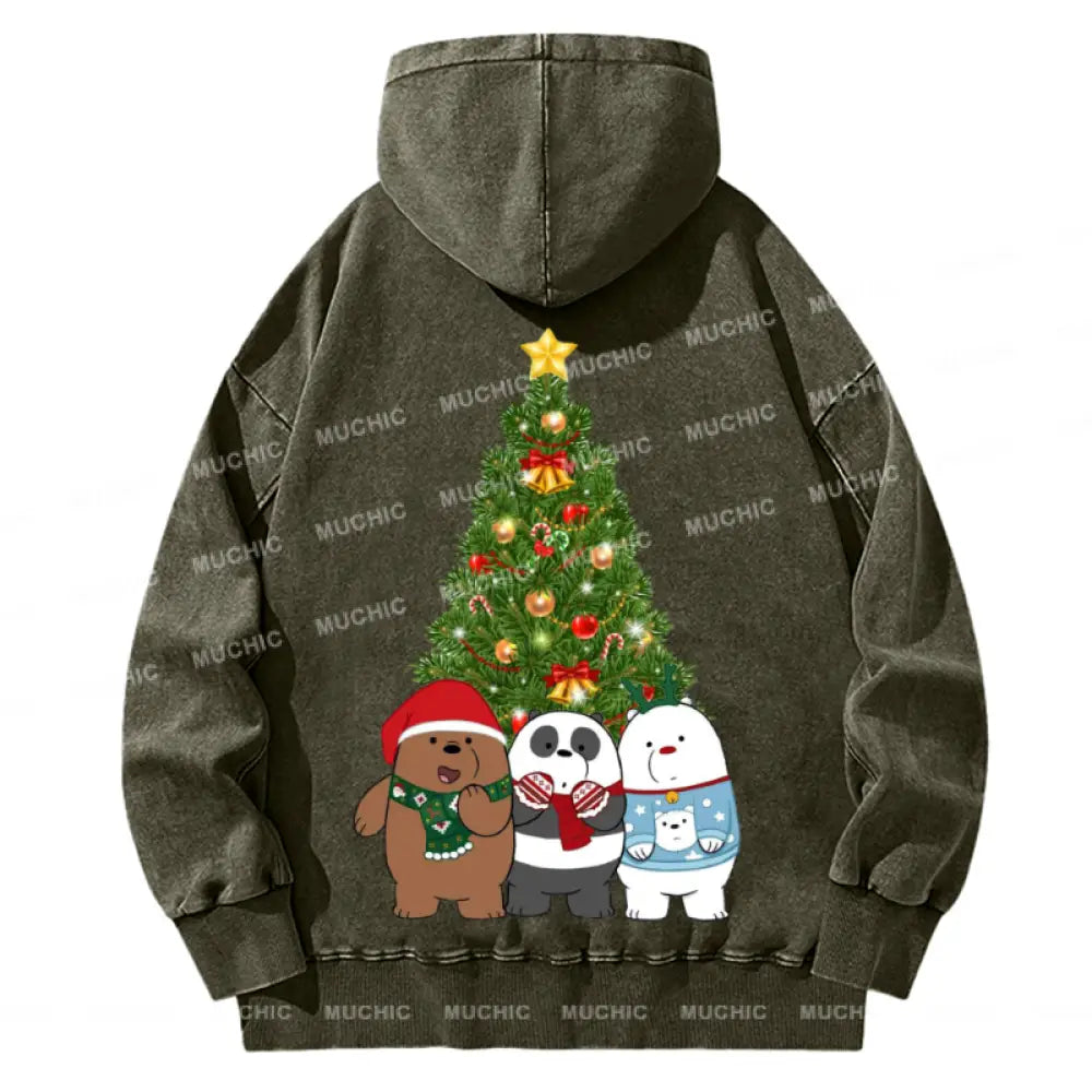 Muchic Bear Christmas Back Printed Unisex Casual Washed Plush Thickening Hoodie Sweatshirt Olive / S