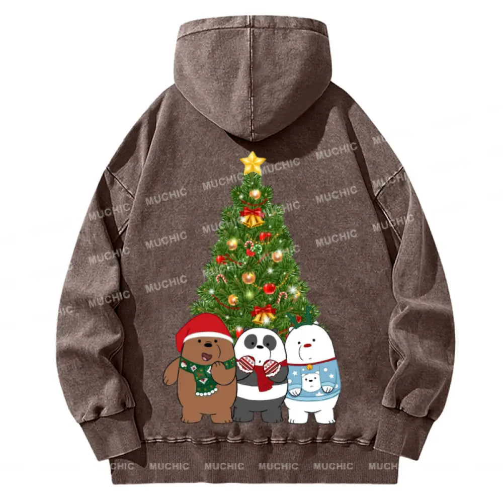 Muchic Bear Christmas Back Printed Unisex Casual Washed Plush Thickening Hoodie Sweatshirt Peru / S