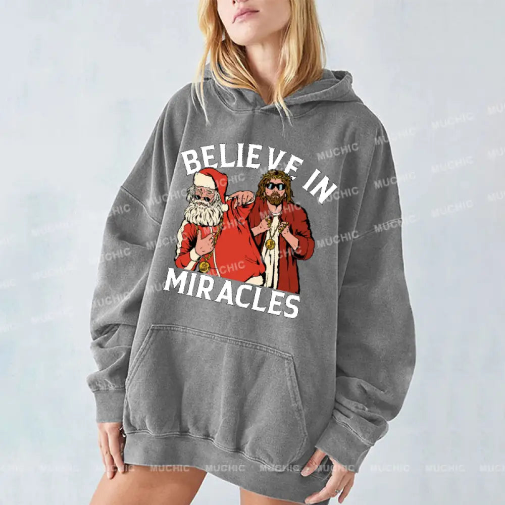 Muchic Believe In Miracles Unisex Printed Casual Washed Plush Thickening Hoodie Sweatshirt