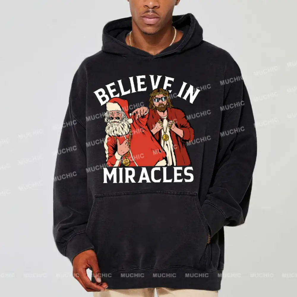 Muchic Believe In Miracles Unisex Printed Casual Washed Plush Thickening Hoodie Sweatshirt