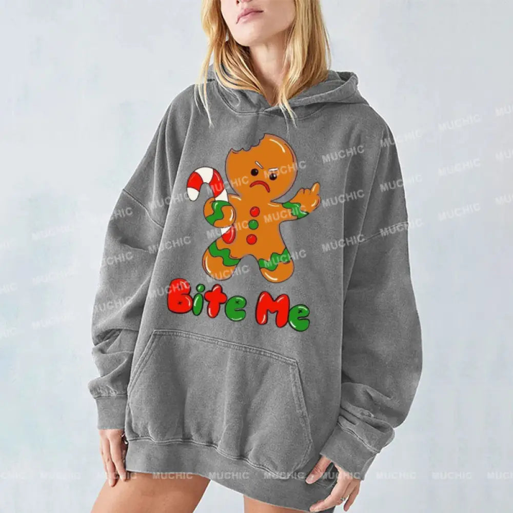 Muchic Bite Me Unisex Printed Casual Washed Plush Thickening Hoodie Sweatshirt