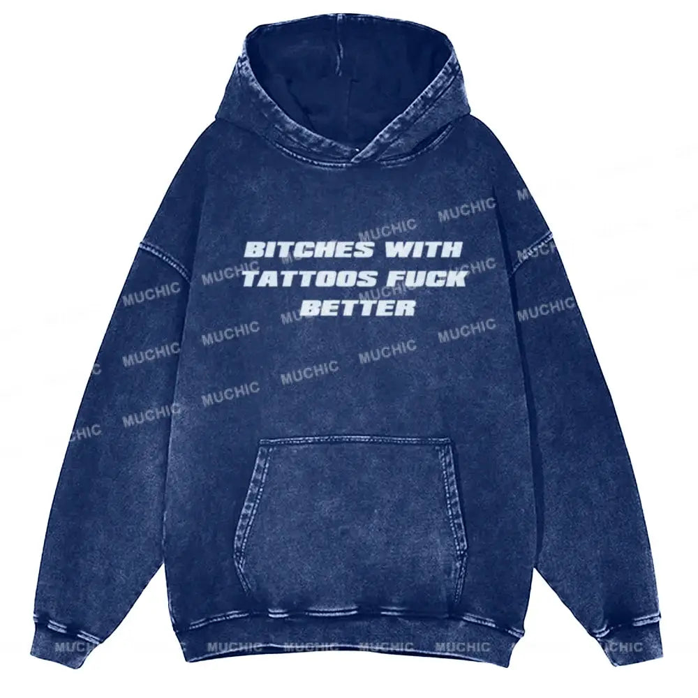 Muchic Bxxches With Tattoos Unisex Printed Casual Washed Hoodie Sweatshirt Navy / M