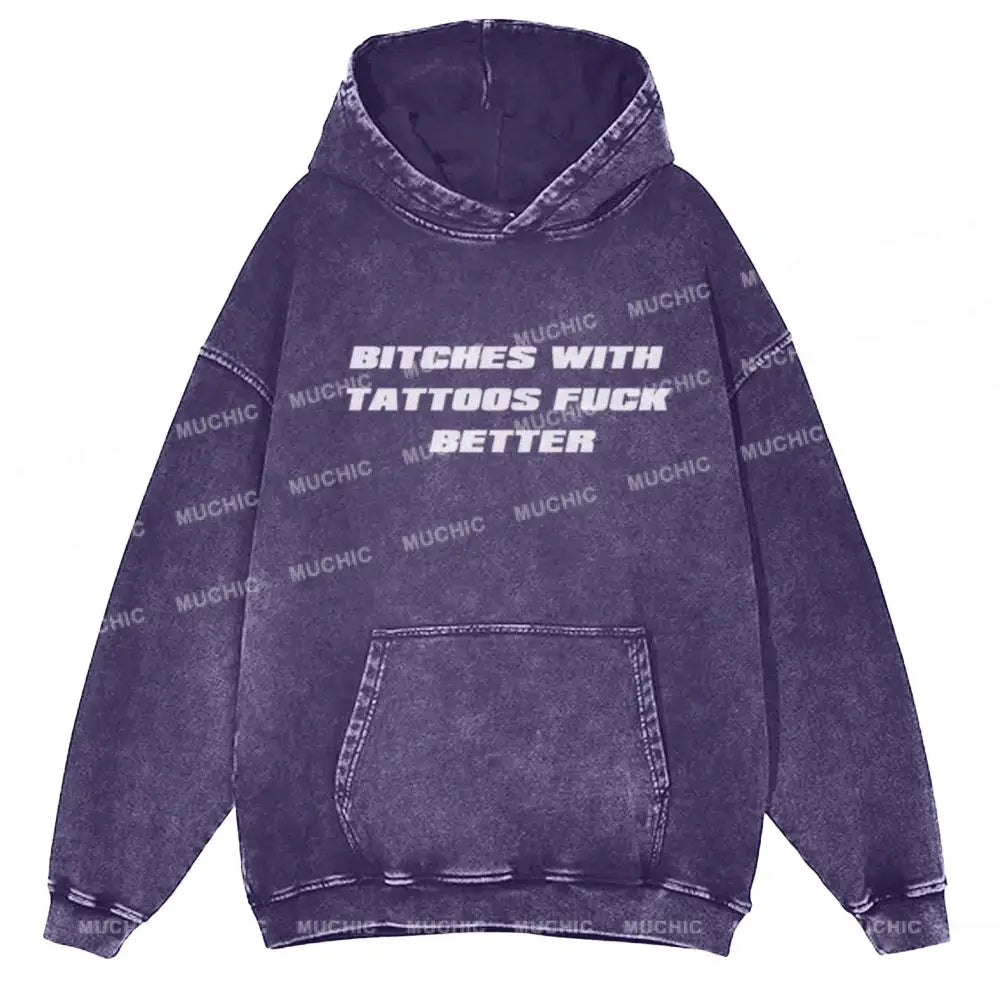 Muchic Bxxches With Tattoos Unisex Printed Casual Washed Hoodie Sweatshirt Purple / M