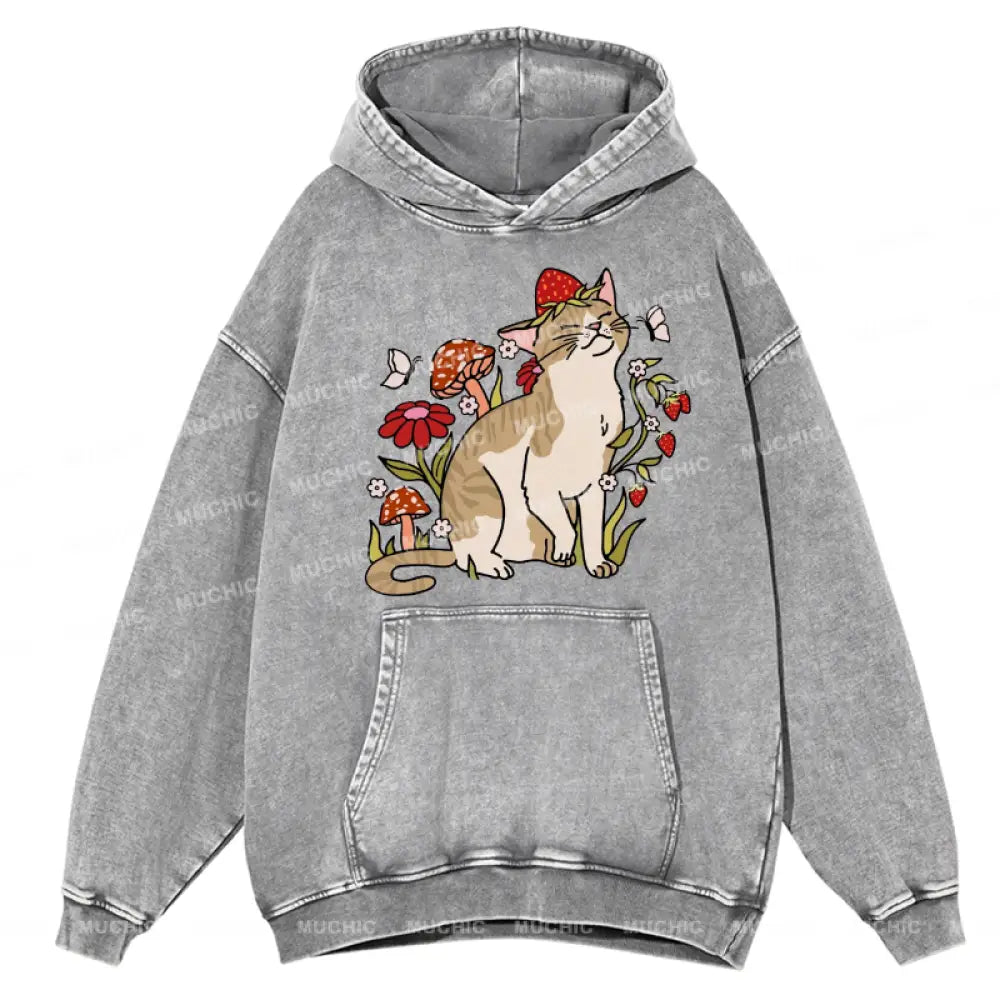 Muchic Cat And Plant Unisex Printed Casual Washed Hoodie Sweatshirt Grey / S Hoodies-Sweatshirts