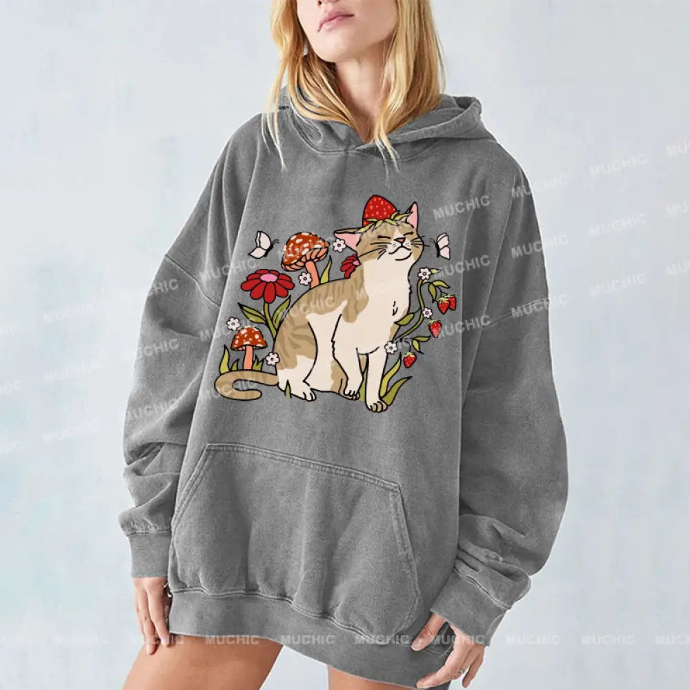 Muchic Cat And Plant Unisex Printed Casual Washed Hoodie Sweatshirt Hoodies-Sweatshirts