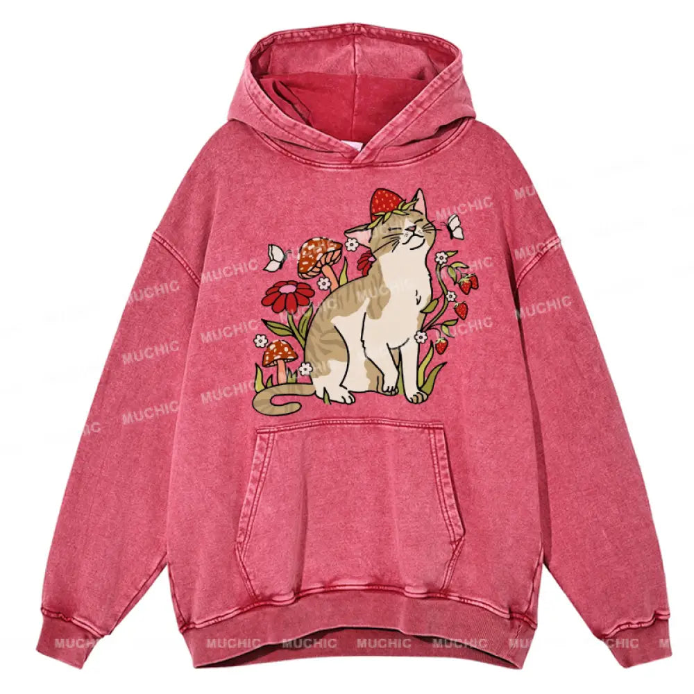 Muchic Cat And Plant Unisex Printed Casual Washed Hoodie Sweatshirt Hotpink / S Hoodies-Sweatshirts