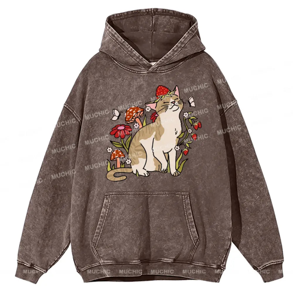 Muchic Cat And Plant Unisex Printed Casual Washed Hoodie Sweatshirt Peru / S Hoodies-Sweatshirts