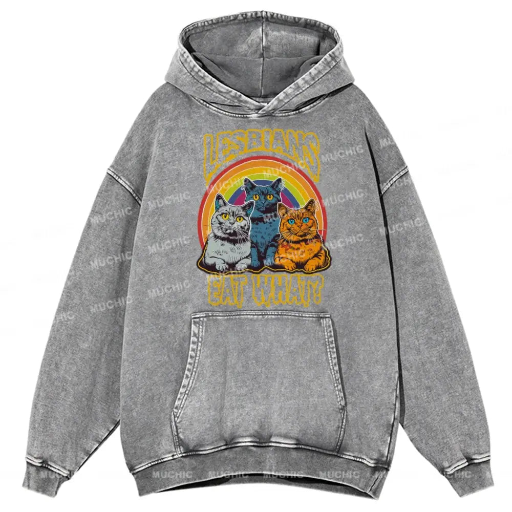 Muchic Cat Eat What Unisex Printed Casual Washed Hoodie Sweatshirt Grey / M Hoodies-Sweatshirts