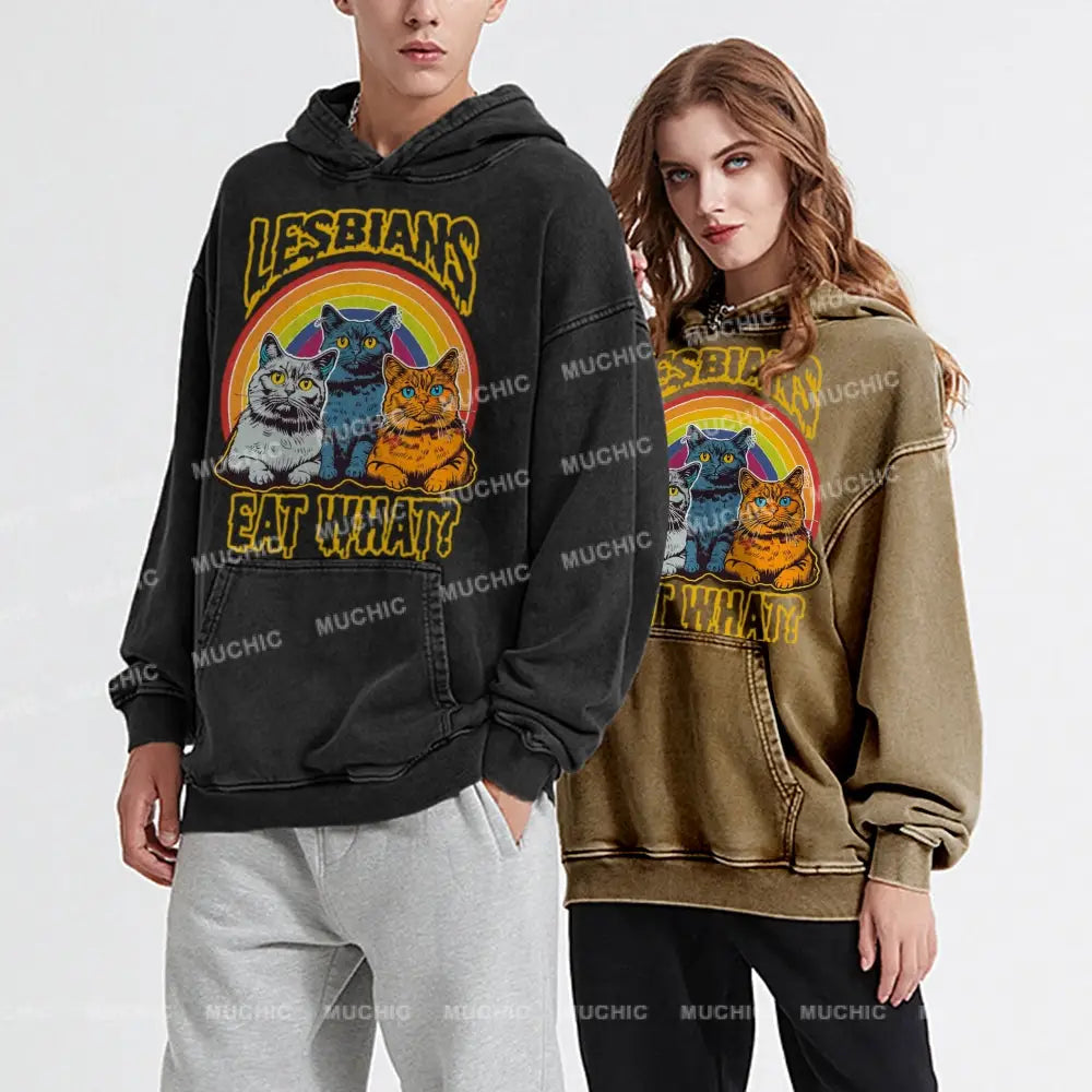 Muchic Cat Eat What Unisex Printed Casual Washed Hoodie Sweatshirt Hoodies-Sweatshirts