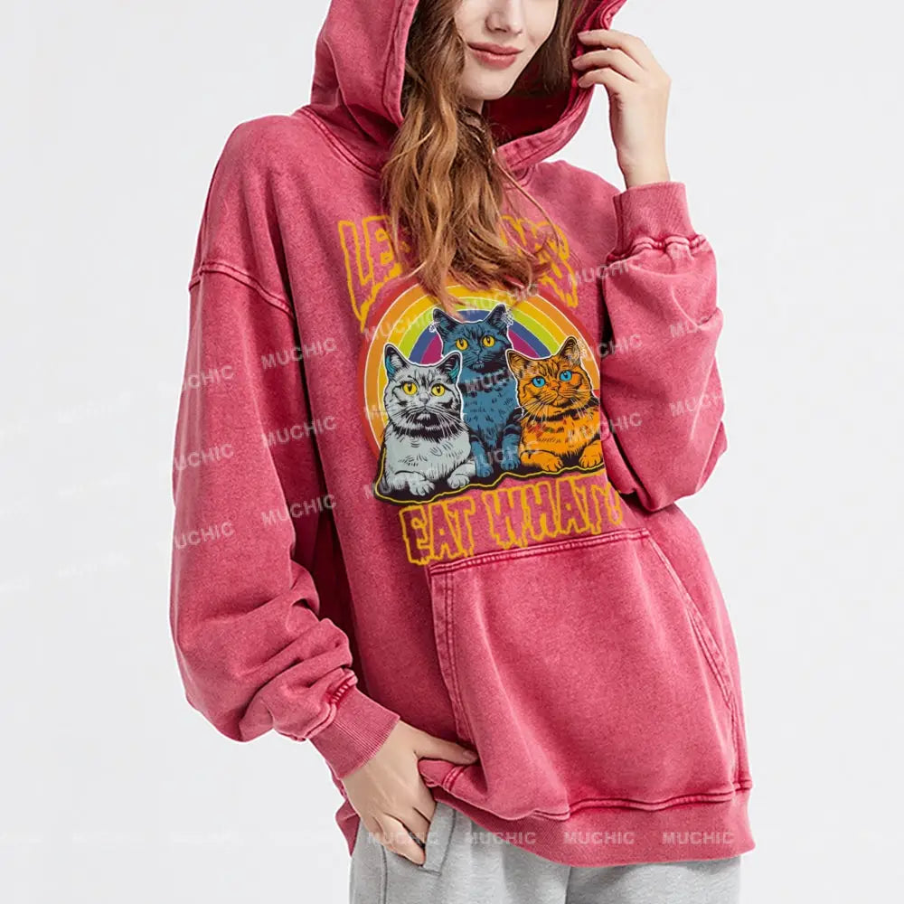 Muchic Cat Eat What Unisex Printed Casual Washed Hoodie Sweatshirt Hoodies-Sweatshirts