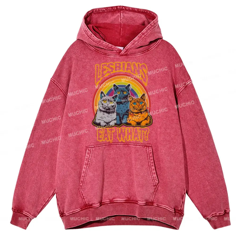 Muchic Cat Eat What Unisex Printed Casual Washed Hoodie Sweatshirt Hotpink / M Hoodies-Sweatshirts