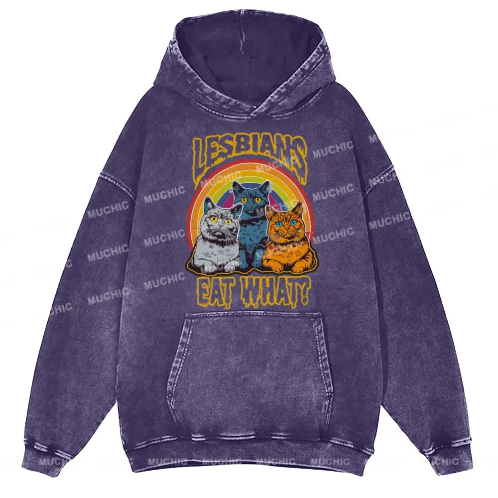 Muchic Cat Eat What Unisex Printed Casual Washed Hoodie Sweatshirt Purple / M Hoodies-Sweatshirts