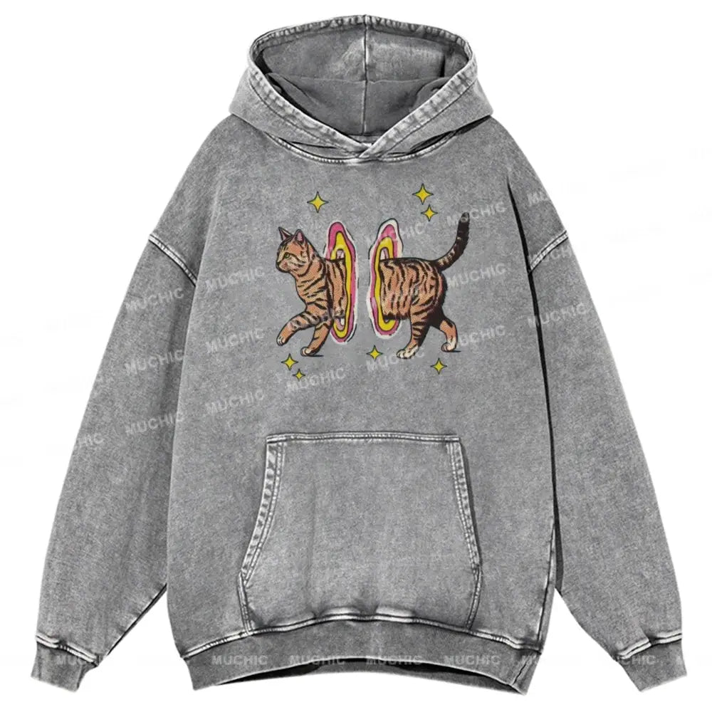 Muchic Cat In Rainbow Circle Unisex Printed Casual Washed Hoodie Sweatshirt Grey / M