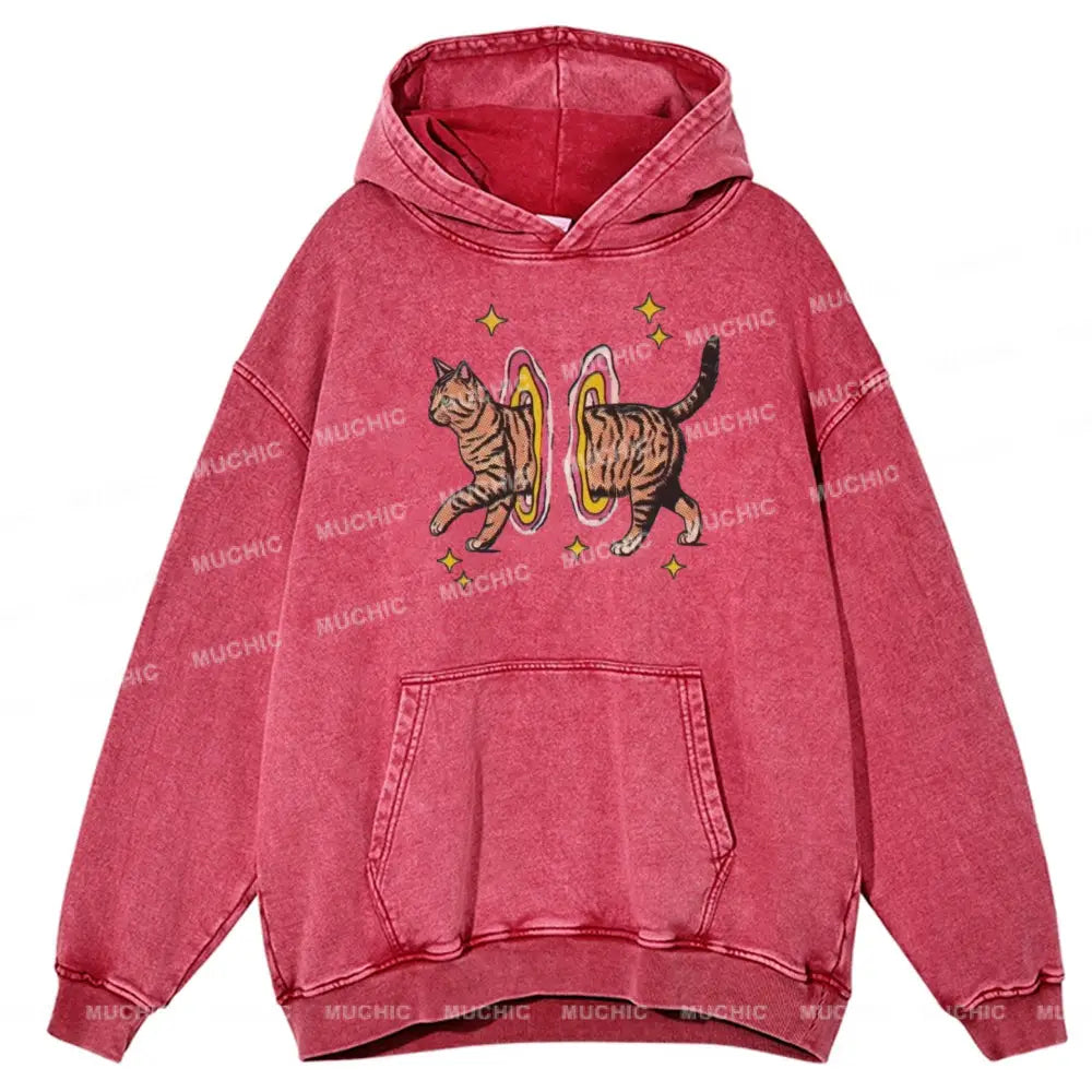 Muchic Cat In Rainbow Circle Unisex Printed Casual Washed Hoodie Sweatshirt Hotpink / M