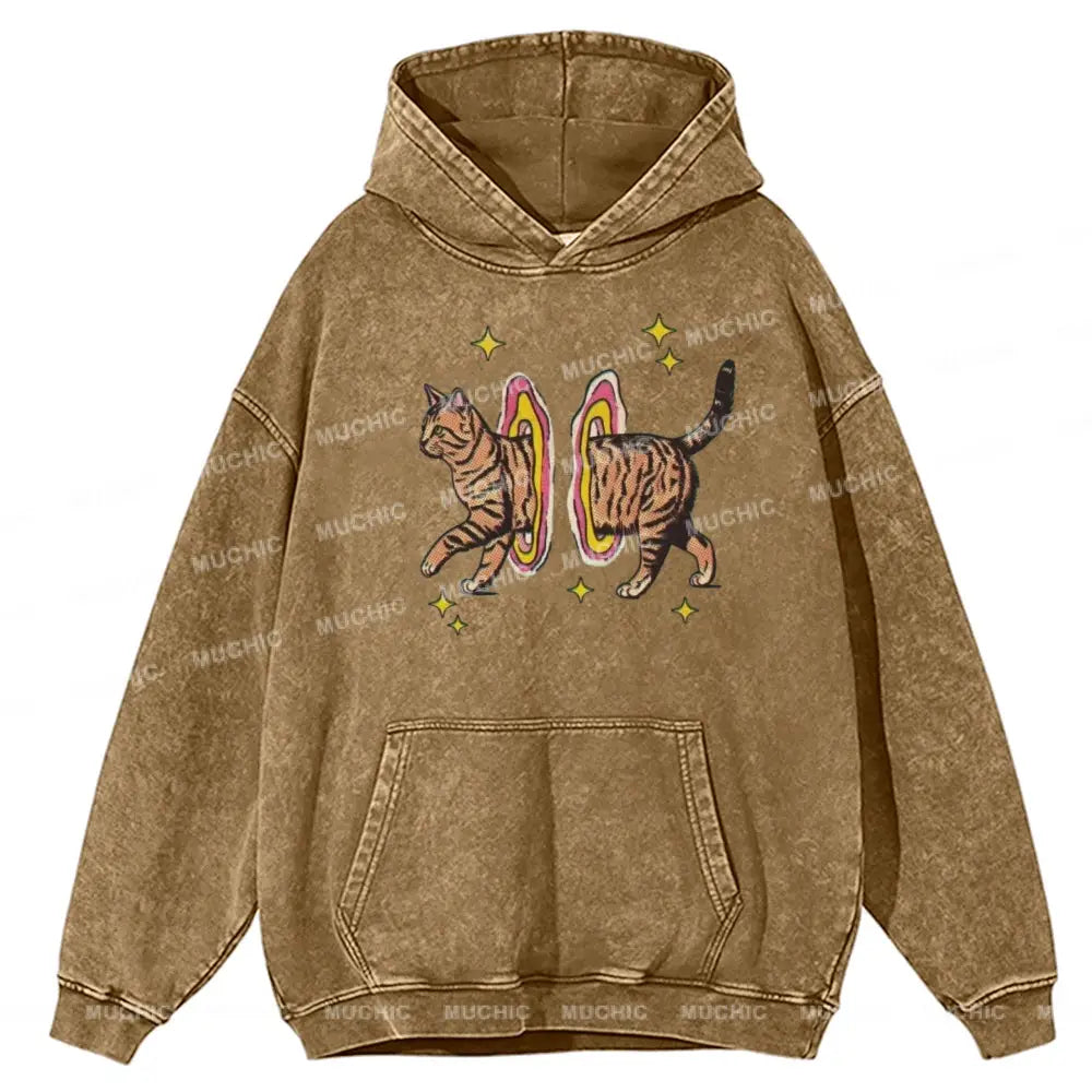 Muchic Cat In Rainbow Circle Unisex Printed Casual Washed Hoodie Sweatshirt Khaki / M