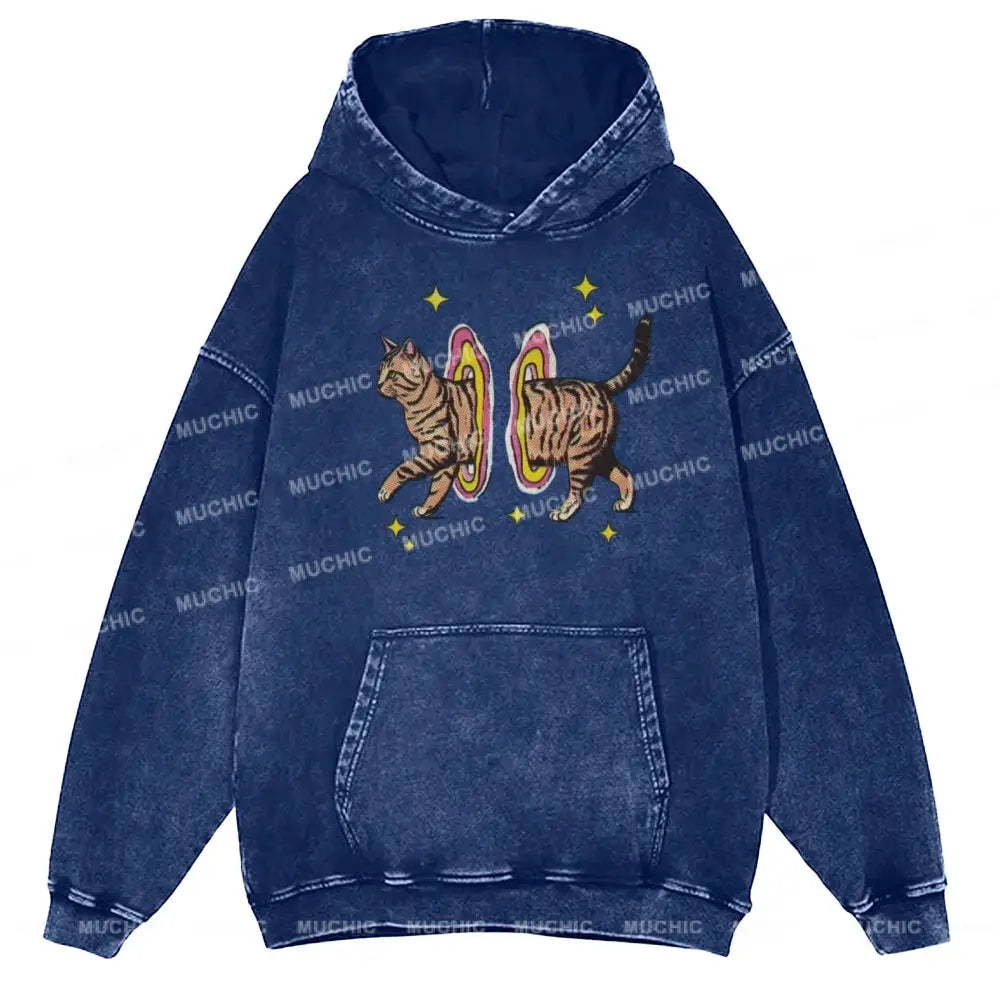 Muchic Cat In Rainbow Circle Unisex Printed Casual Washed Hoodie Sweatshirt Navy / M