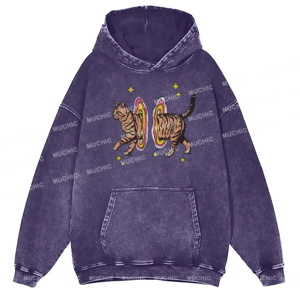 Muchic Cat In Rainbow Circle Unisex Printed Casual Washed Hoodie Sweatshirt Purple / M