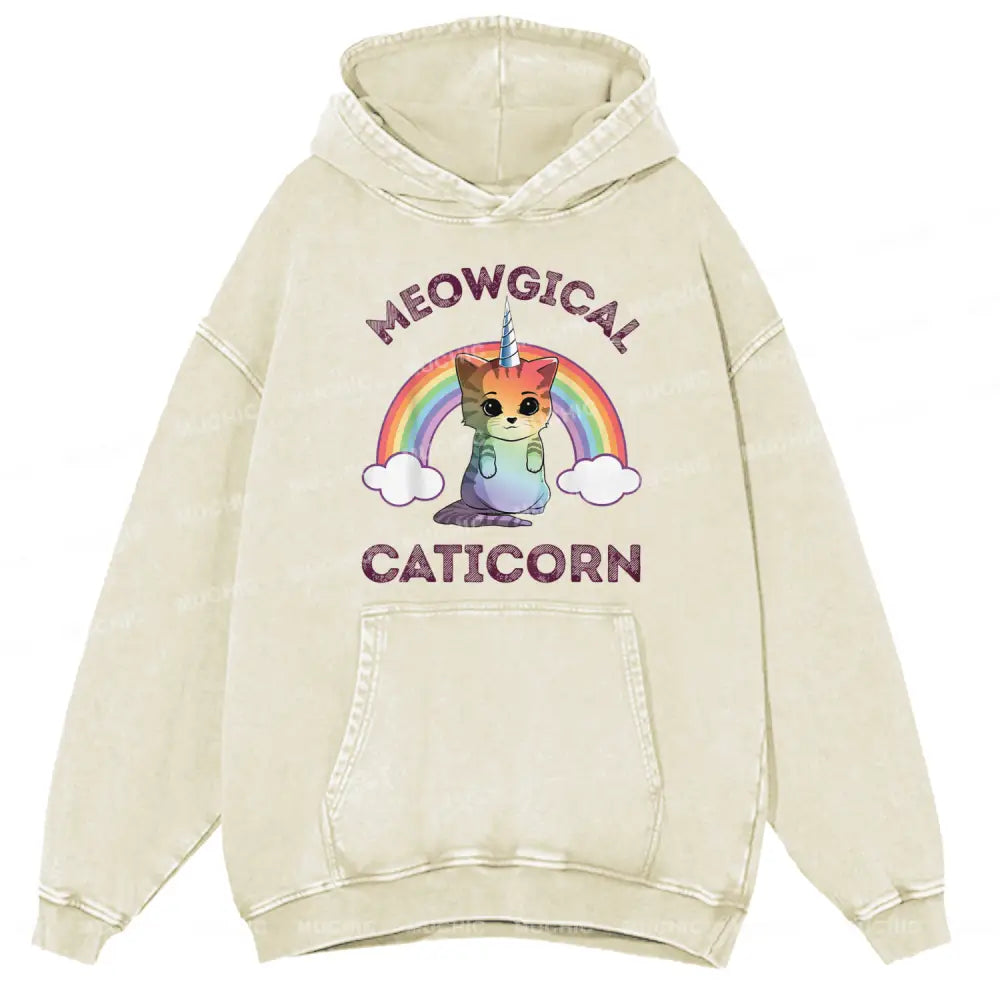 Cat Meowgical Caticorn Unisex Printed Casual Washed Hoodie Sweatshirt Beige / M