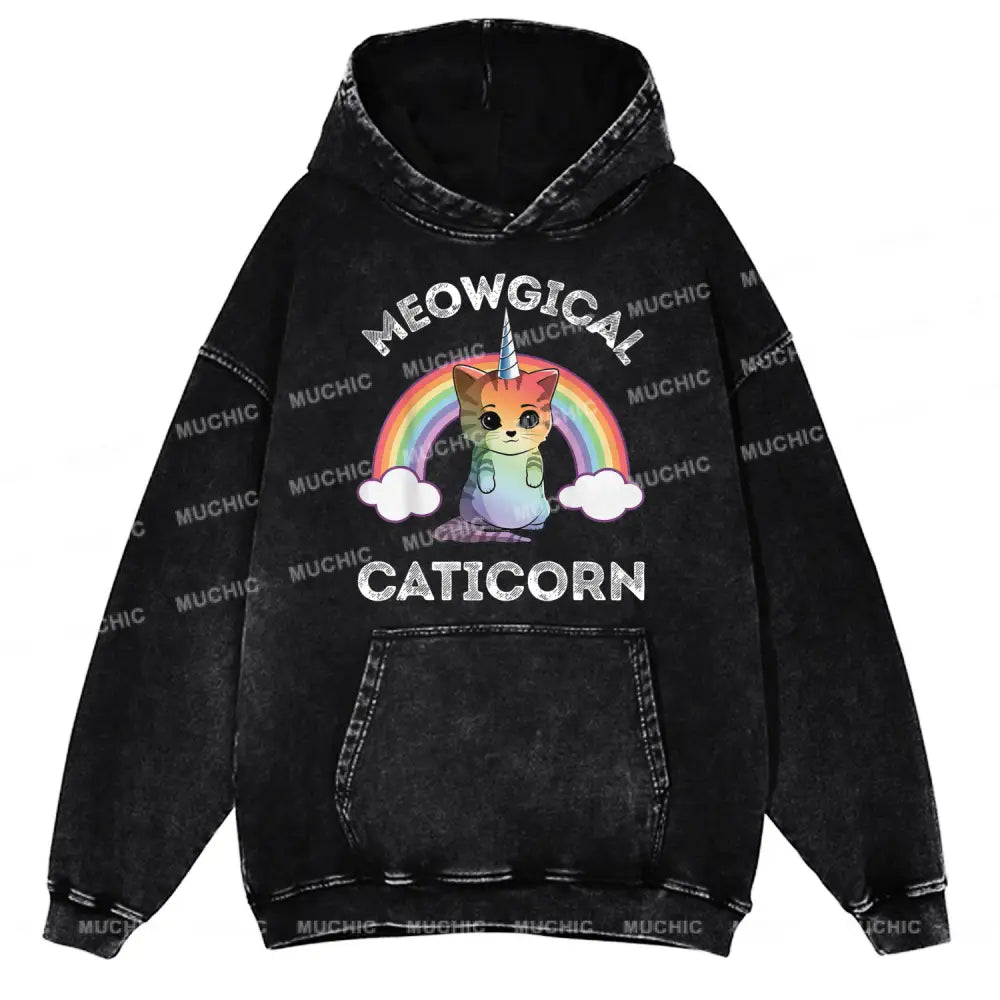 Cat Meowgical Caticorn Unisex Printed Casual Washed Hoodie Sweatshirt Black / M