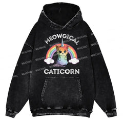 Muchic Cat Meowgical Caticorn Unisex Printed Casual Washed  Plush Thickening Hoodie Sweatshirt