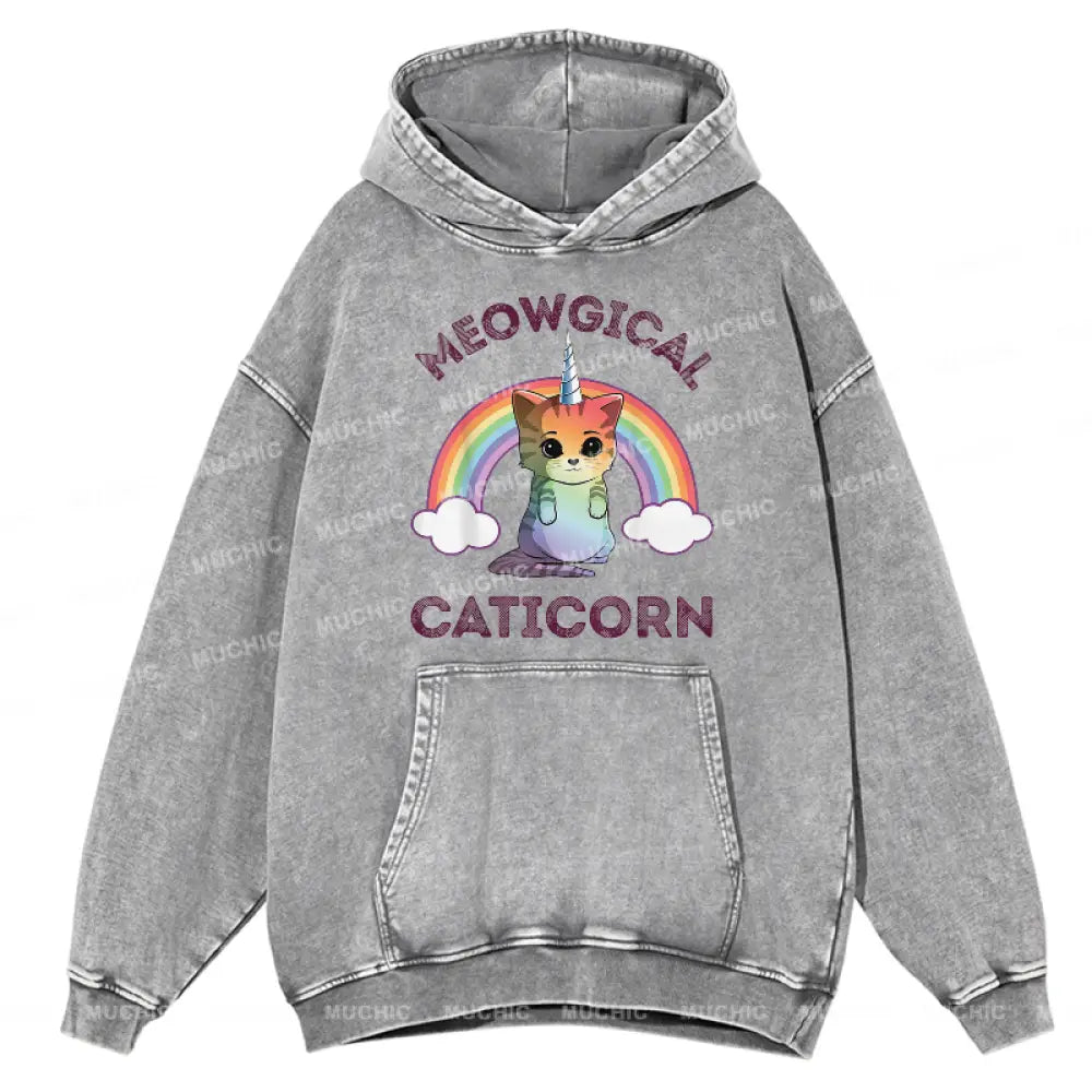 Cat Meowgical Caticorn Unisex Printed Casual Washed Hoodie Sweatshirt Grey / M