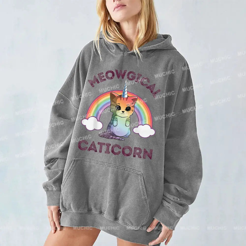 Cat Meowgical Caticorn Unisex Printed Casual Washed Hoodie Sweatshirt