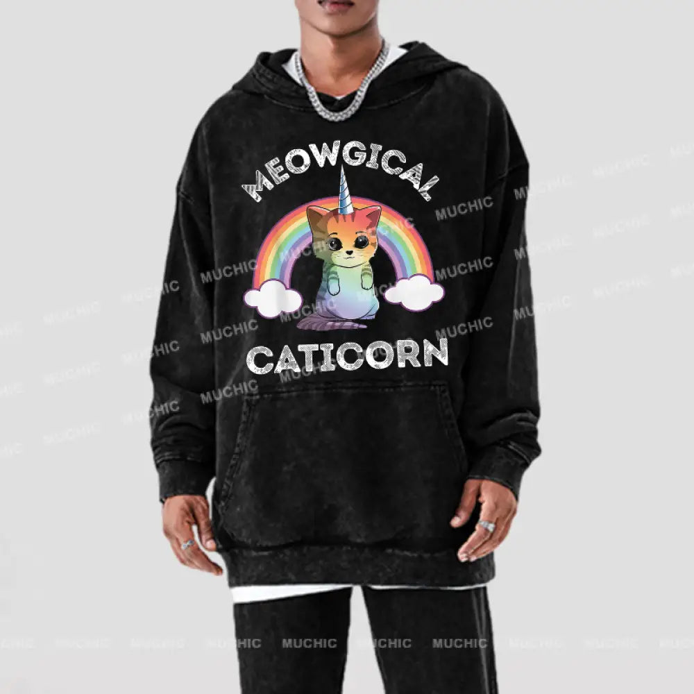 Cat Meowgical Caticorn Unisex Printed Casual Washed Hoodie Sweatshirt