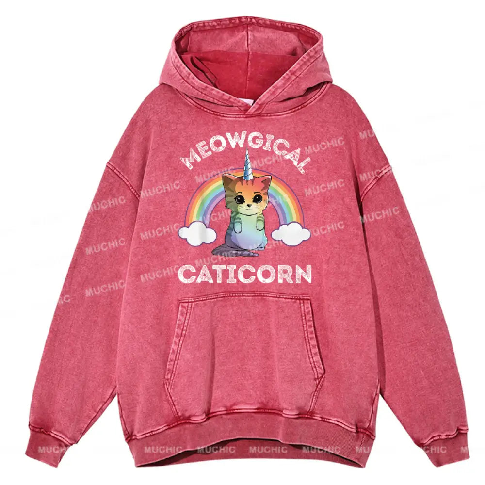 Cat Meowgical Caticorn Unisex Printed Casual Washed Hoodie Sweatshirt Hotpink / M