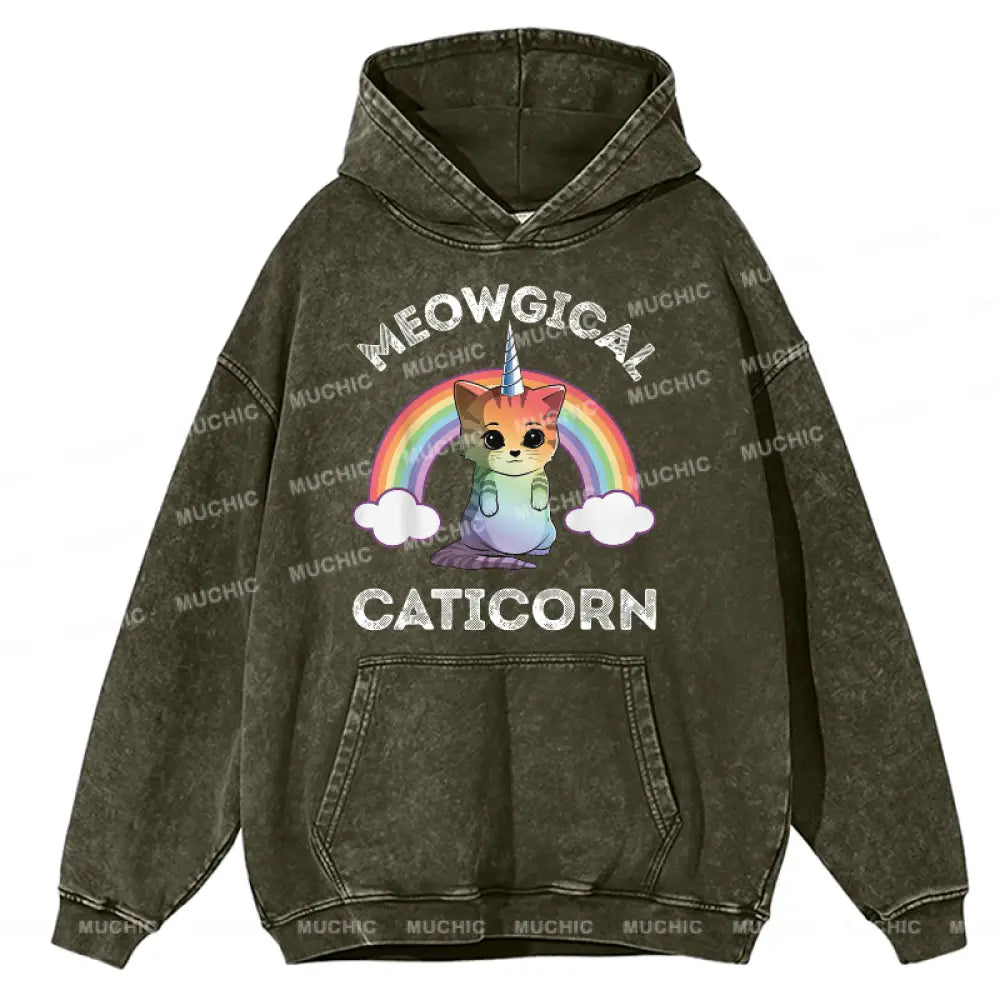 Cat Meowgical Caticorn Unisex Printed Casual Washed Hoodie Sweatshirt Olive / M